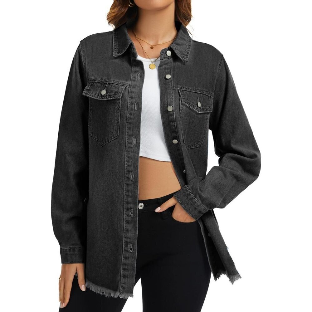 Women's Oversized Jean Jacket  Long Sleeve Denim Distressed Frayed Hem Black - Picture 2 of 6